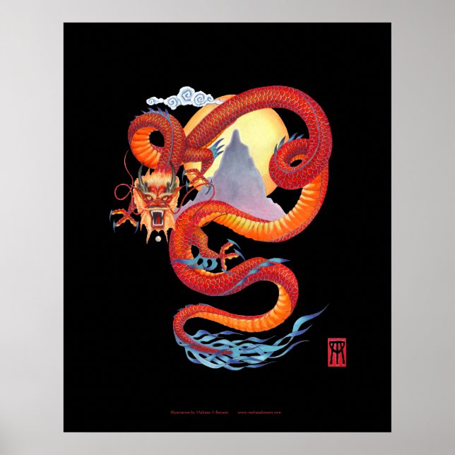 Chinesischer Red Dragon-Druck auf schwarz Poster (Vorne)