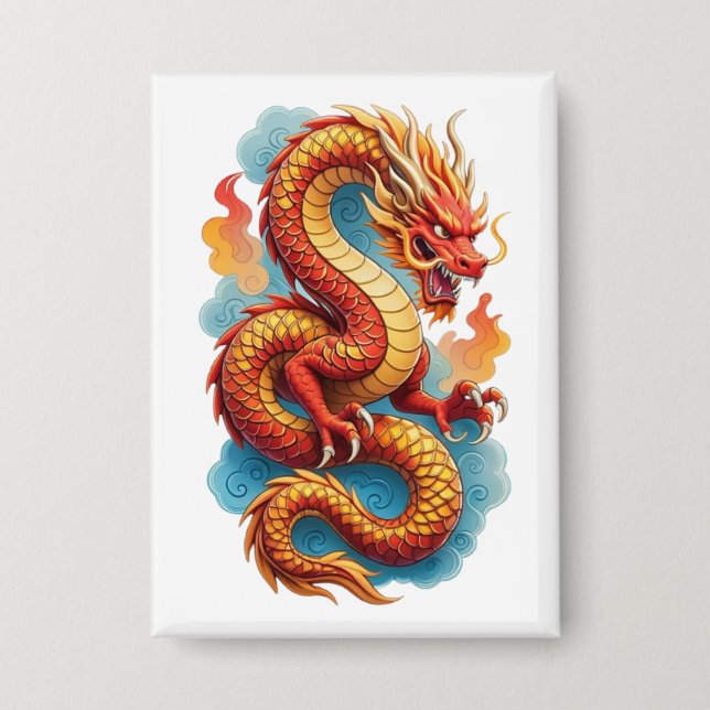 Chinesischer roter Drache feurige Illustration-675 Button (Vorderseite)