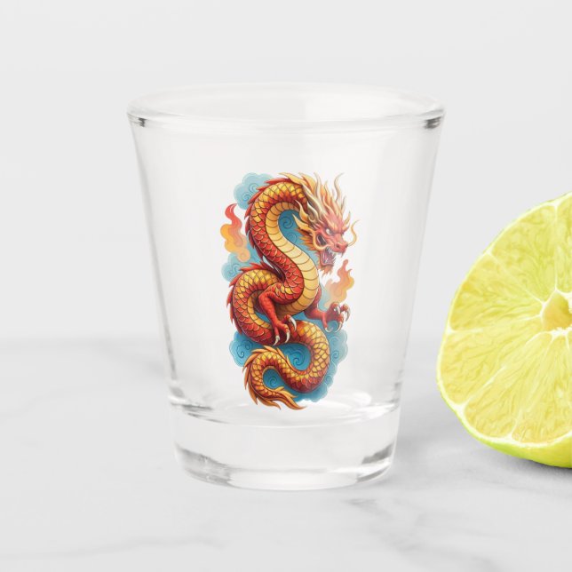 Chinesischer roter Drache feurige Illustration-675 Schnapsglas (Vorderseite)