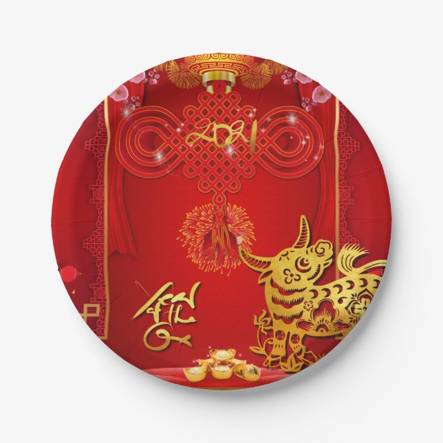Chinesischer Roter Knoten Ox Jahr 2021 PP Pappteller (Vorderseite)