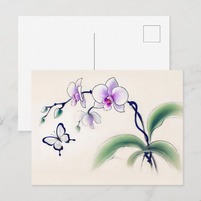 Chinesischer Schmetterling auf Orchid Postkarte (Vorne/Hinten)