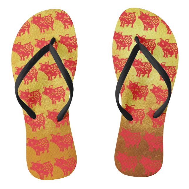 Chinesischer Schweinejahr Red Papercut Gold Women  Flip Flops (Fußbett)