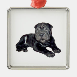 Chinesischer Shar Pei - schwarzer Welpe Silbernes Ornament