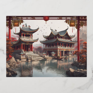 chinesischer Tempel Folien Feiertagspostkarte