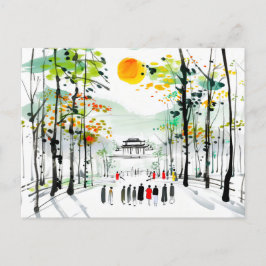 Chinesischer Tempel zwischen Bäumen bei Sonnenunte Postkarte