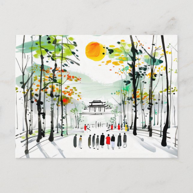 Chinesischer Tempel zwischen Bäumen bei Sonnenunte Postkarte (Vorderseite)