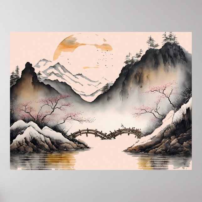 Chinesischer Winter-Fluss mit Wasserfarbe und Berg Poster (Vorne)