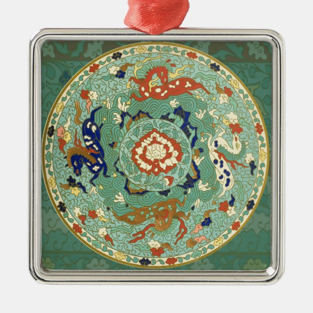 Chinesischer Zirkel Blau grün Silbernes Ornament (Vorne)