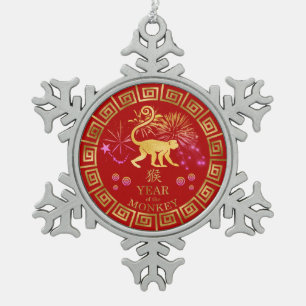 Chinesischer Zodiac-Affenrot/Gold-ID542 Schneeflocken Zinn-Ornament