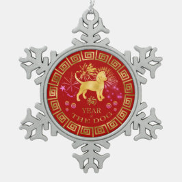 Chinesischer Zodiac Dog Red/Gold ID542 Schneeflocken Zinn-Ornament