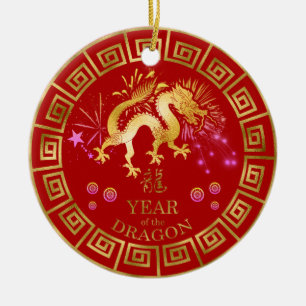 Chinesischer Zodiac Dragon Red/Gold ID542 Keramik Ornament