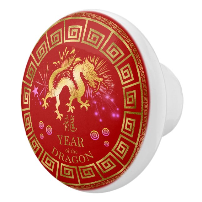 Chinesischer Zodiac Dragon Red/Gold ID542 Keramikknauf (Rechts)