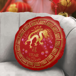 Chinesischer Zodiac Dragon Red/Gold ID542 Rundes Kissen