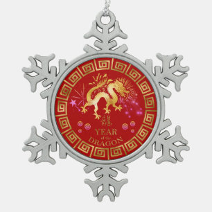 Chinesischer Zodiac Dragon Red/Gold ID542 Schneeflocken Zinn-Ornament