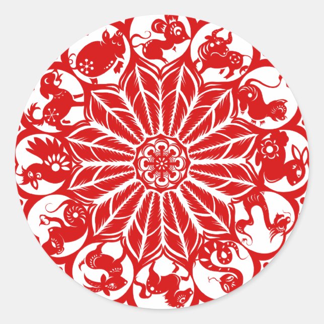 Chinesischer Zodiac Papercut Runder Aufkleber (Vorderseite)