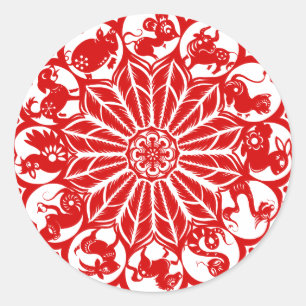 Chinesischer Zodiac Papercut Runder Aufkleber