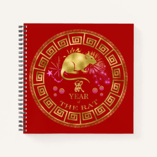 Chinesischer Zodiac Rat Red/Gold ID542 Notizbuch