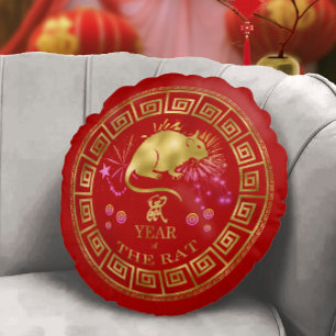 Chinesischer Zodiac Rat Red/Gold ID542 Rundes Kissen