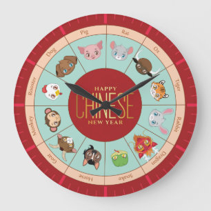 Chinesischer Zodier mit süße Figuren Wall Clock Große Wanduhr