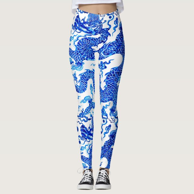 Chinesisches blaues Drache-Yoga-Hosen-Laufen Leggings (Vorderseite)