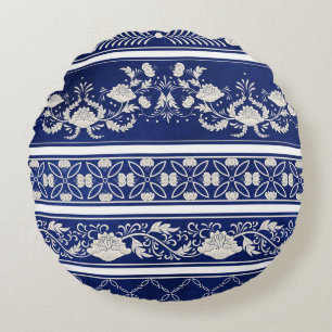 Chinesisches Blumenblau: Vintage Wasserfarbengrenz Rundes Kissen