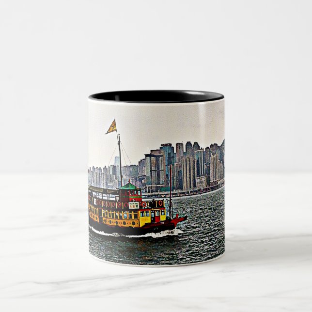 Chinesisches Boot Victoria Harbour Hong Kong Zweifarbige Tasse (Mittel)