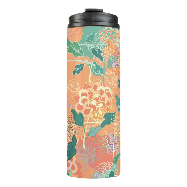 Chinesisches Chrysanthemum: Blumenorange Muster. Thermosbecher (Vorderseite)