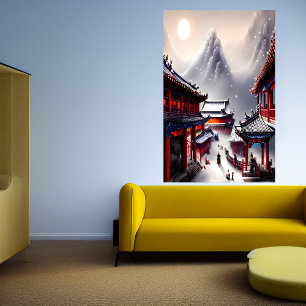 Chinesisches Dorf der schneebedeckte Berg   Art de Poster
