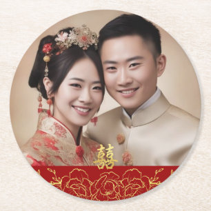 Chinesisches Hochzeitsalbum in Rot-Gold, Doppel-Fo Runder Pappuntersetzer