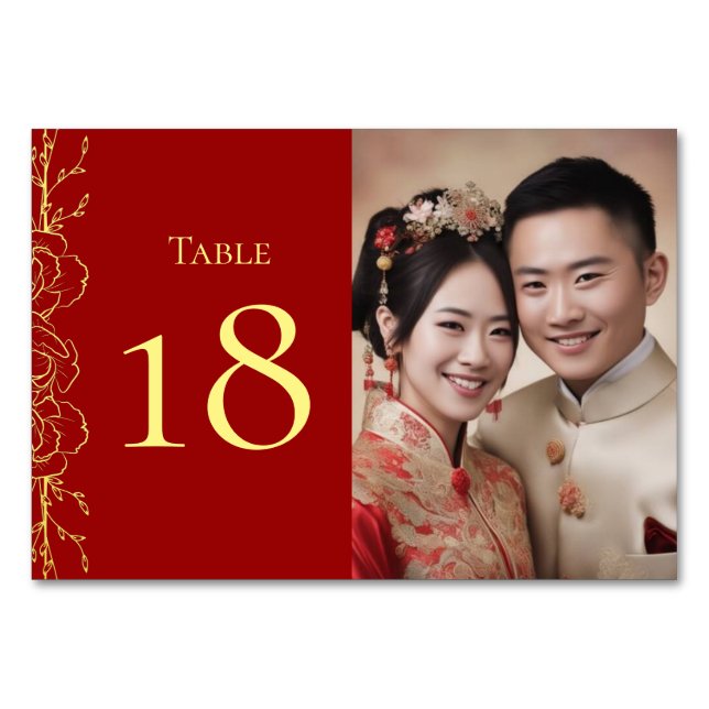 Chinesisches Hochzeitsalbum in Rot-Gold, Doppel-Fo Tischnummer (Vorderseite)