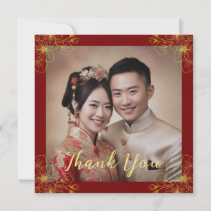 Chinesisches Hochzeitsfoto rotes florales Paar Dankeskarte