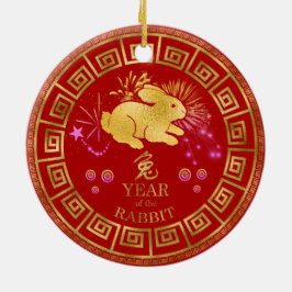 Chinesisches Kaninchen Rot/Gold-ID542 Keramik Ornament