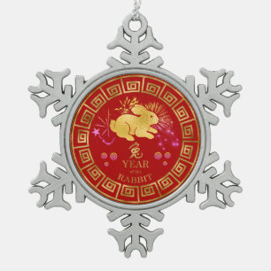 Chinesisches Kaninchen Rot/Gold-ID542 Schneeflocken Zinn-Ornament