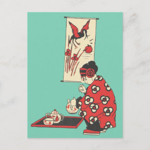 Chinesisches Mädchen beim Teetrinken Illustration Postkarte