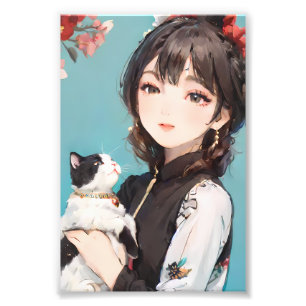 Chinesisches Mädchen umarmt eine Niedliche Katze Fotodruck