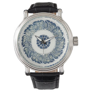 Chinesisches Medaillon: Indigoblaue Chinoiserie Armbanduhr