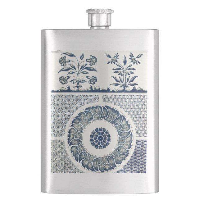 Chinesisches Medaillon: Indigoblaue Chinoiserie Flachmann (Vorderseite)