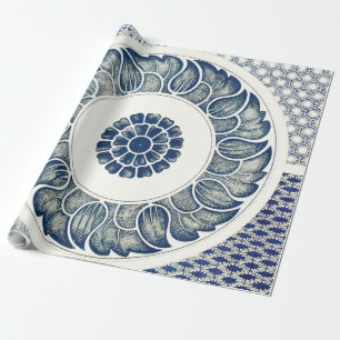 Chinesisches Medaillon: Indigoblaue Chinoiserie Geschenkpapier