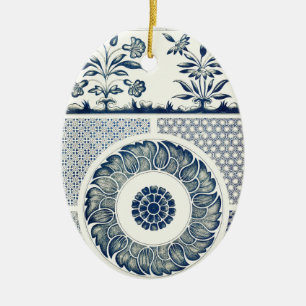 Chinesisches Medaillon: Indigoblaue Chinoiserie Keramik Ornament