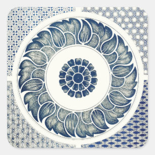 Chinesisches Medaillon: Indigoblaue Chinoiserie Quadratischer Aufkleber
