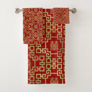 Chinesisches Muster-Doppelt-Glück-Symbol Badhandtuch Set