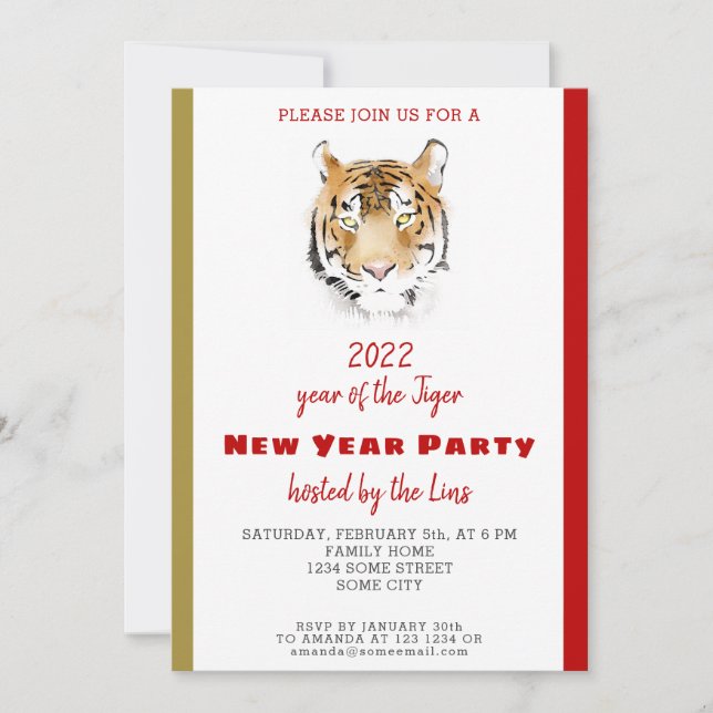 Chinesisches Neujahr 2022 Tiger Watercolor-Party Einladung (Vorderseite)