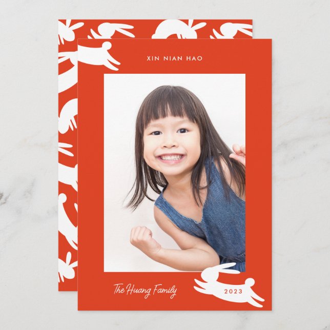 Chinesisches Neujahr 2023 Kaninchen-Foto Feiertagskarte (Vorne/Hinten)