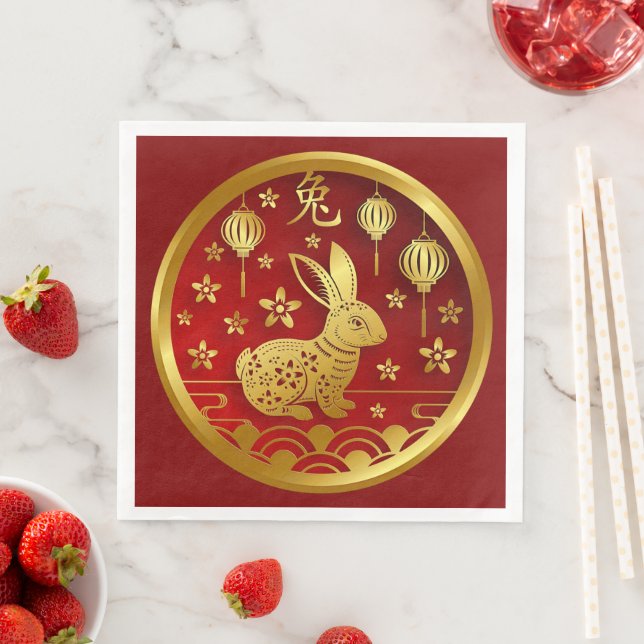 Chinesisches Neujahr 2023 Kaninchen Rotes Gold Abe Serviette (Beispiel)