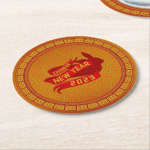 Chinesisches Neujahr 2023 Rabbit Red Gold Runder Pappuntersetzer