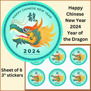 Chinesisches Neujahr 2024 Dragon Aqua Gold Large 3 Runder Aufkleber