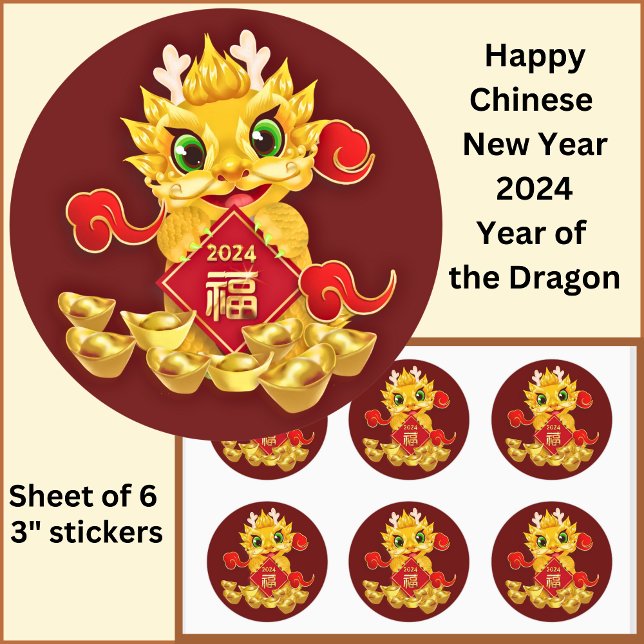 Chinesisches Neujahr 2024 Dragon Gold Red Large 3" Runder Aufkleber (Von Creator hochgeladen)