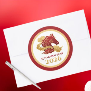 Chinesisches Neujahr 2026 Pferd Rot und Gold Runder Aufkleber