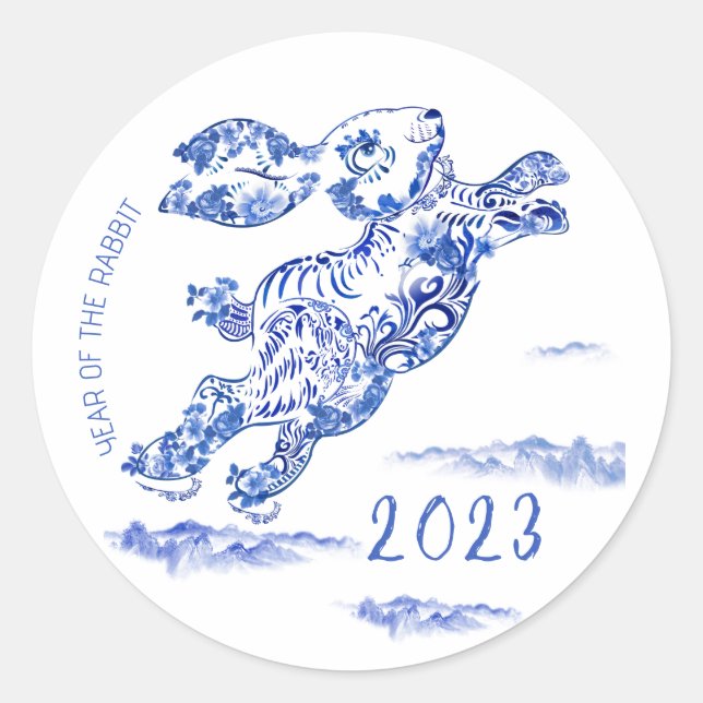 Chinesisches Neujahr - Blaues Kaninchen 2023 Runder Aufkleber (Vorderseite)