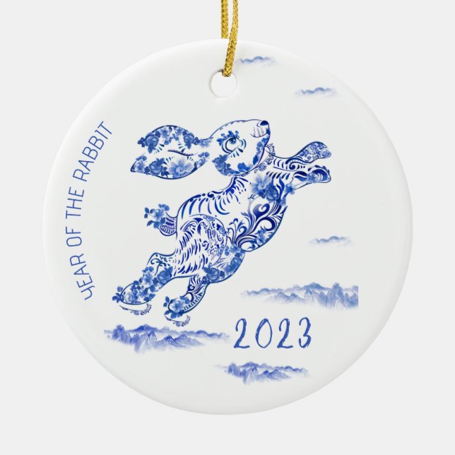 Chinesisches Neujahr Blaues Weiße Kaninchen 2023 O Keramik Ornament (Vorne)